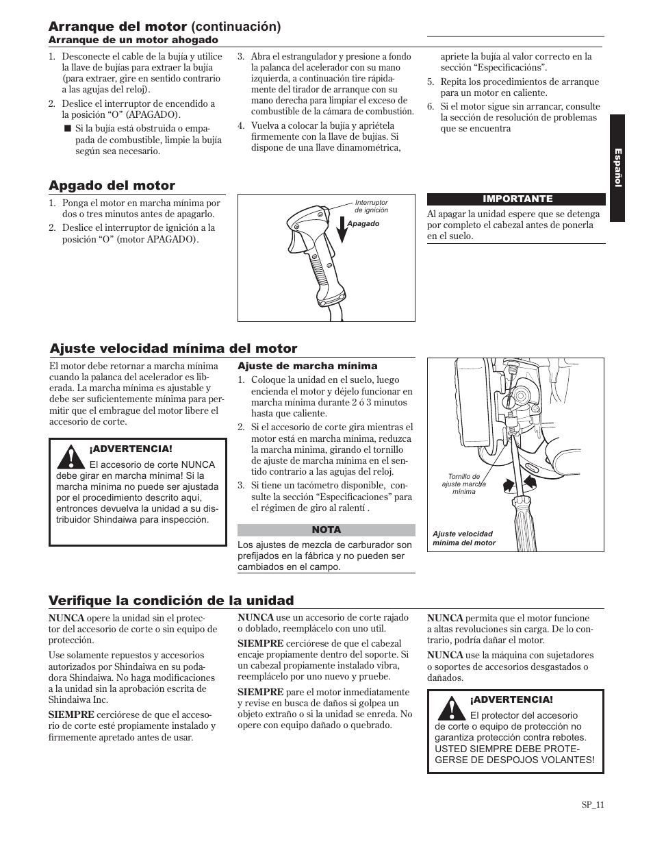 9hulàtxhodfrqglflyqghodxqlgdg, Apgado del motor ajuste velocidad mínima del motor, Arranque del motor (continuación) | Shindaiwa 89302 User Manual | Page 35 / 72