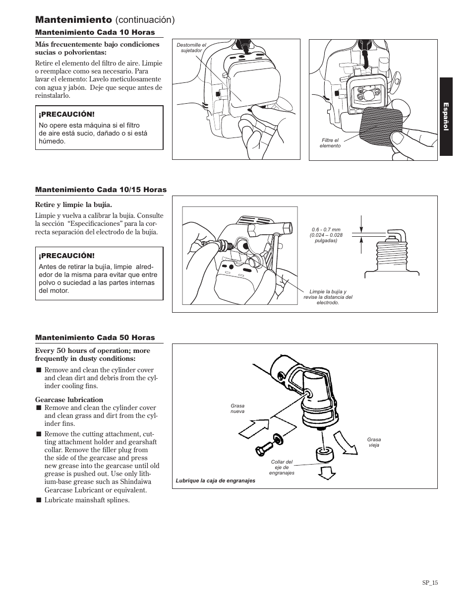 Mantenimiento (continuación) | Shindaiwa 89302 User Manual | Page 39 / 72