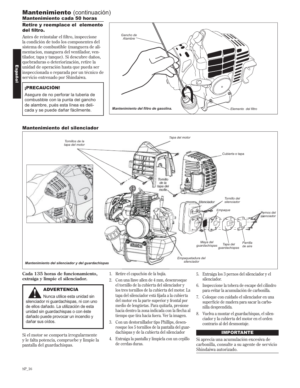 Mantenimiento (continuación) | Shindaiwa 89302 User Manual | Page 40 / 72