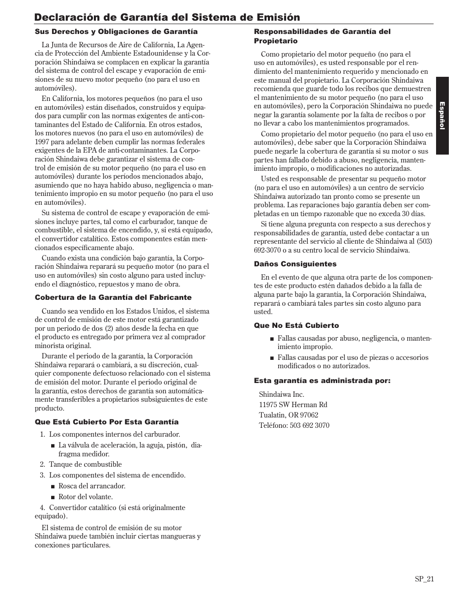 Declaración de garantía del sistema de emisión | Shindaiwa 89302 User Manual | Page 45 / 72