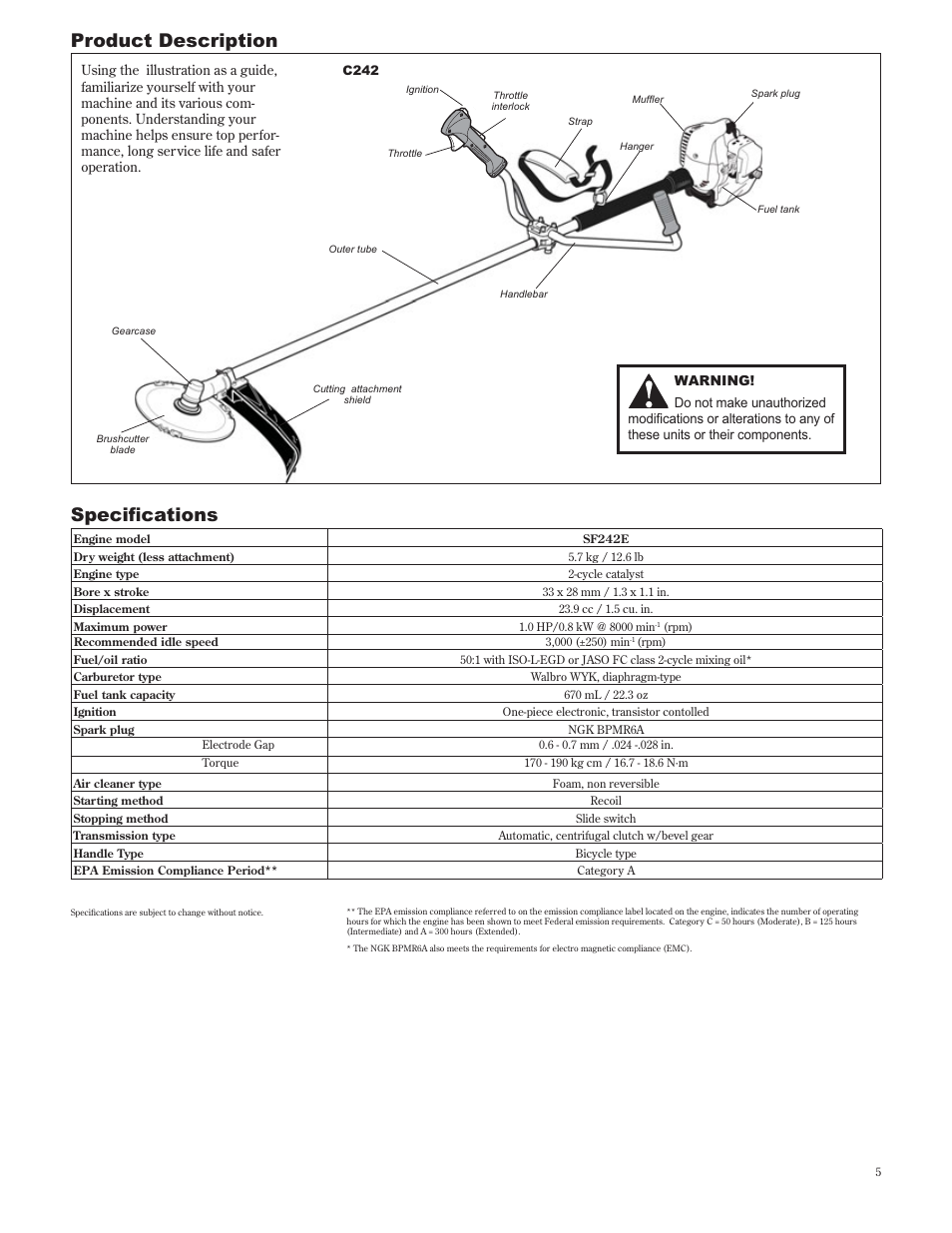 Product description 6shflàfdwlrqv | Shindaiwa 89302 User Manual | Page 5 / 72