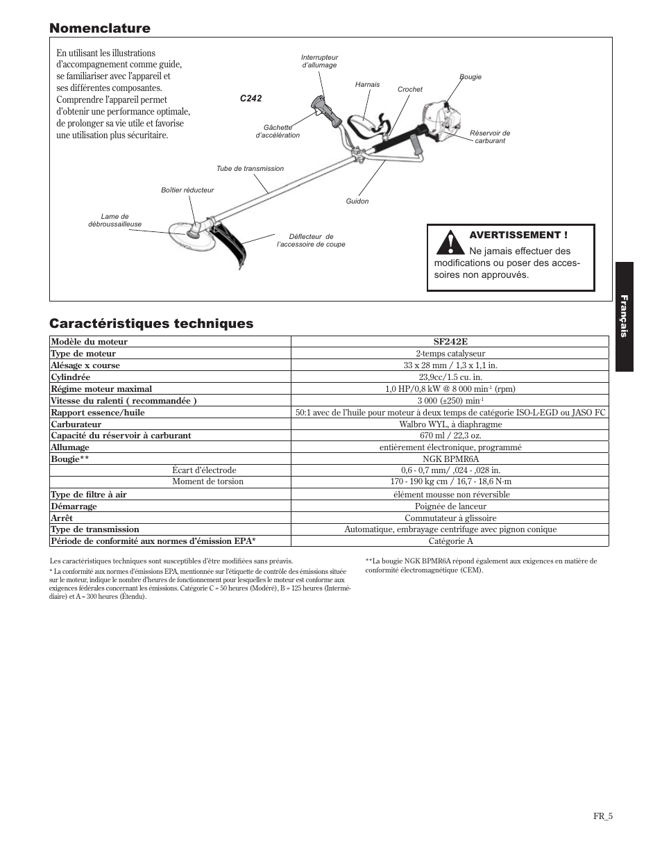 Nomenclature caractéristiques techniques | Shindaiwa 89302 User Manual | Page 53 / 72