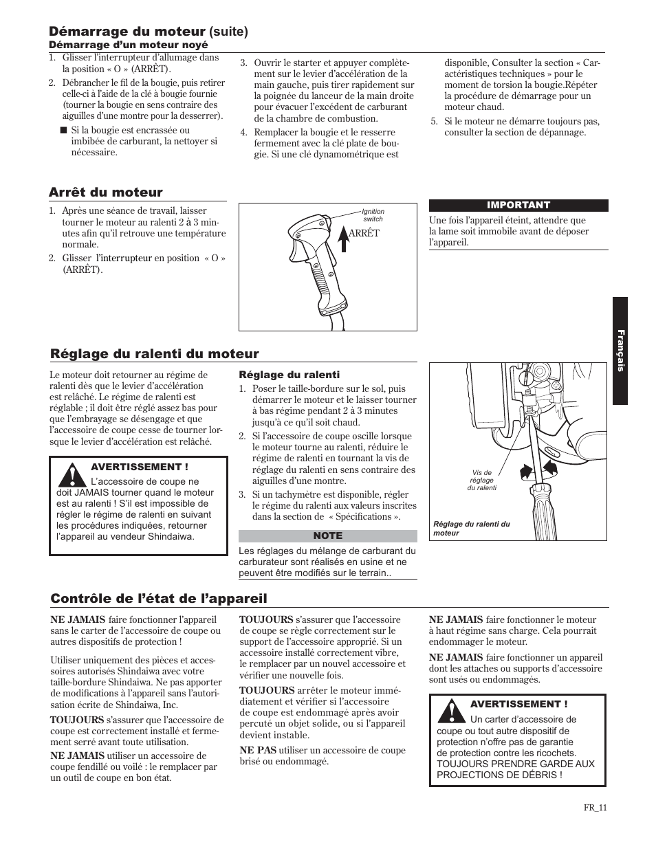 Contrôle de l’état de l’appareil, Arrêt du moteur réglage du ralenti du moteur, Démarrage du moteur (suite) | Shindaiwa 89302 User Manual | Page 59 / 72