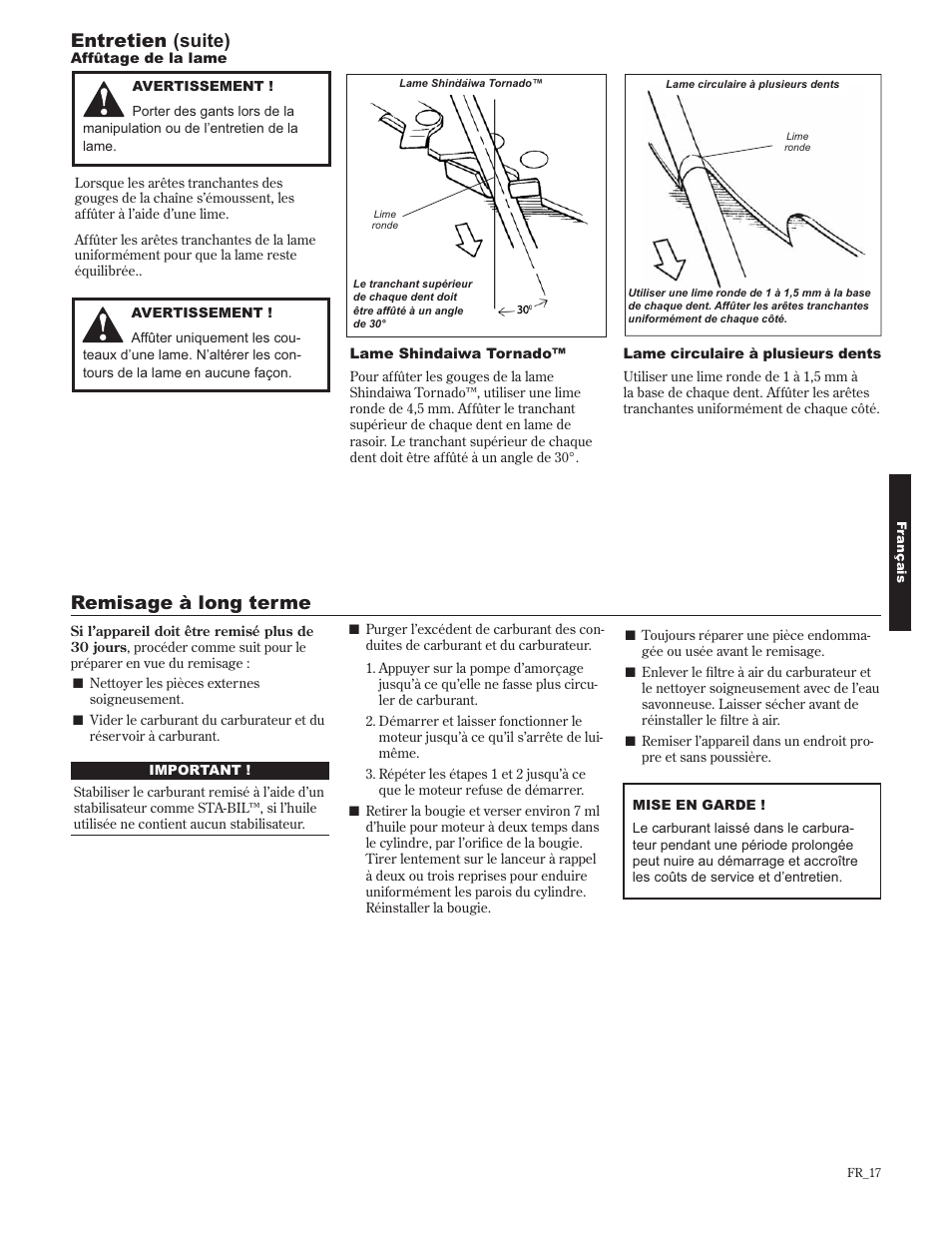 Entretien (suite), Remisage à long terme | Shindaiwa 89302 User Manual | Page 65 / 72