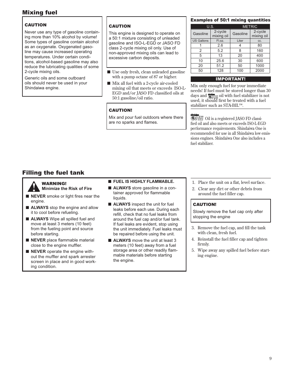 Mixing fuel filling the fuel tank | Shindaiwa 89302 User Manual | Page 9 / 72