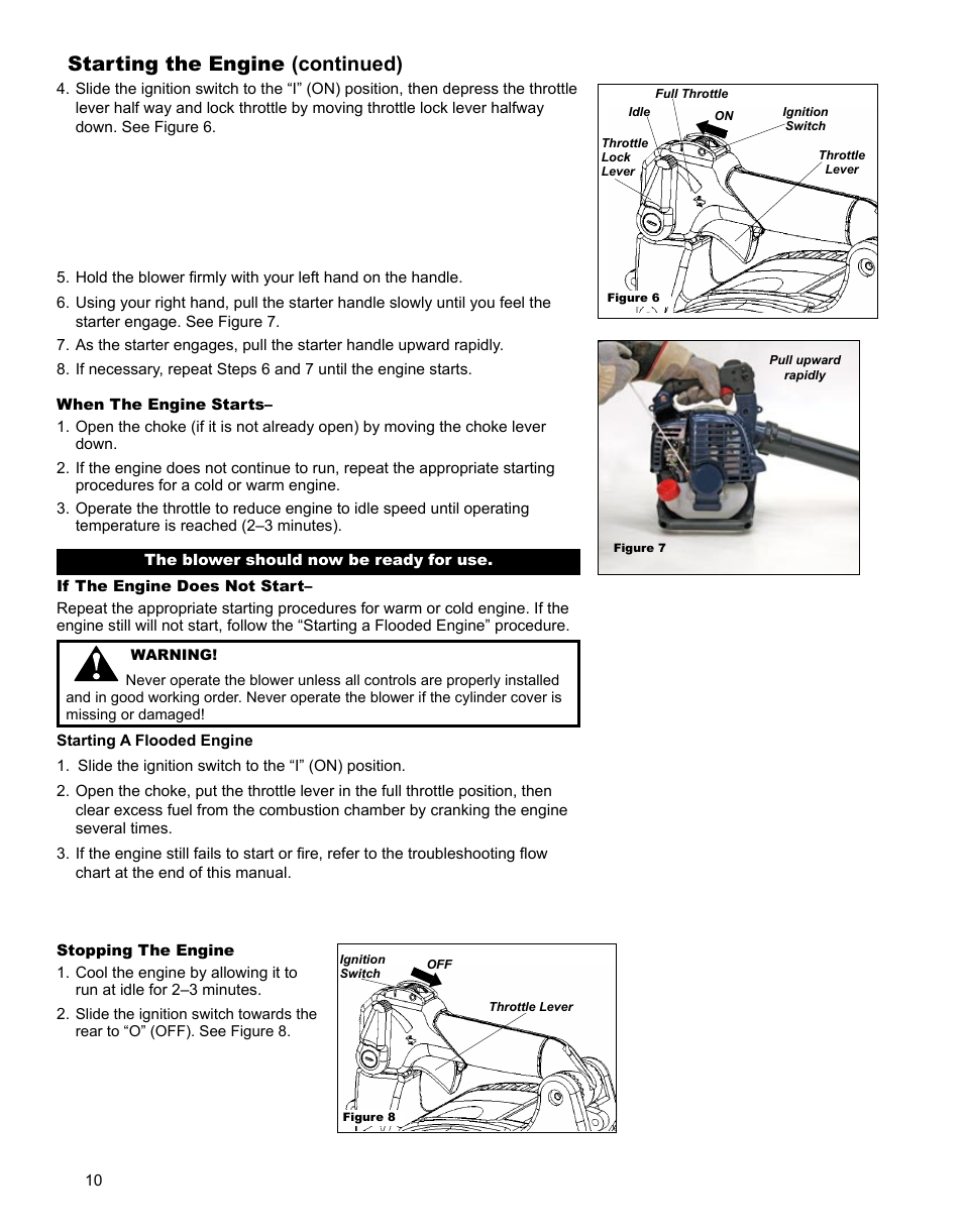 Remove blower pipes, Operation, Fuel | Starting the engine (continued) | Shindaiwa X7501920500 User Manual | Page 10 / 28