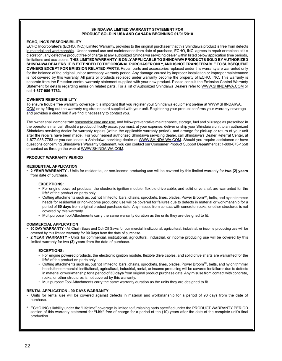 Specifications | Shindaiwa X7501920500 User Manual | Page 22 / 28