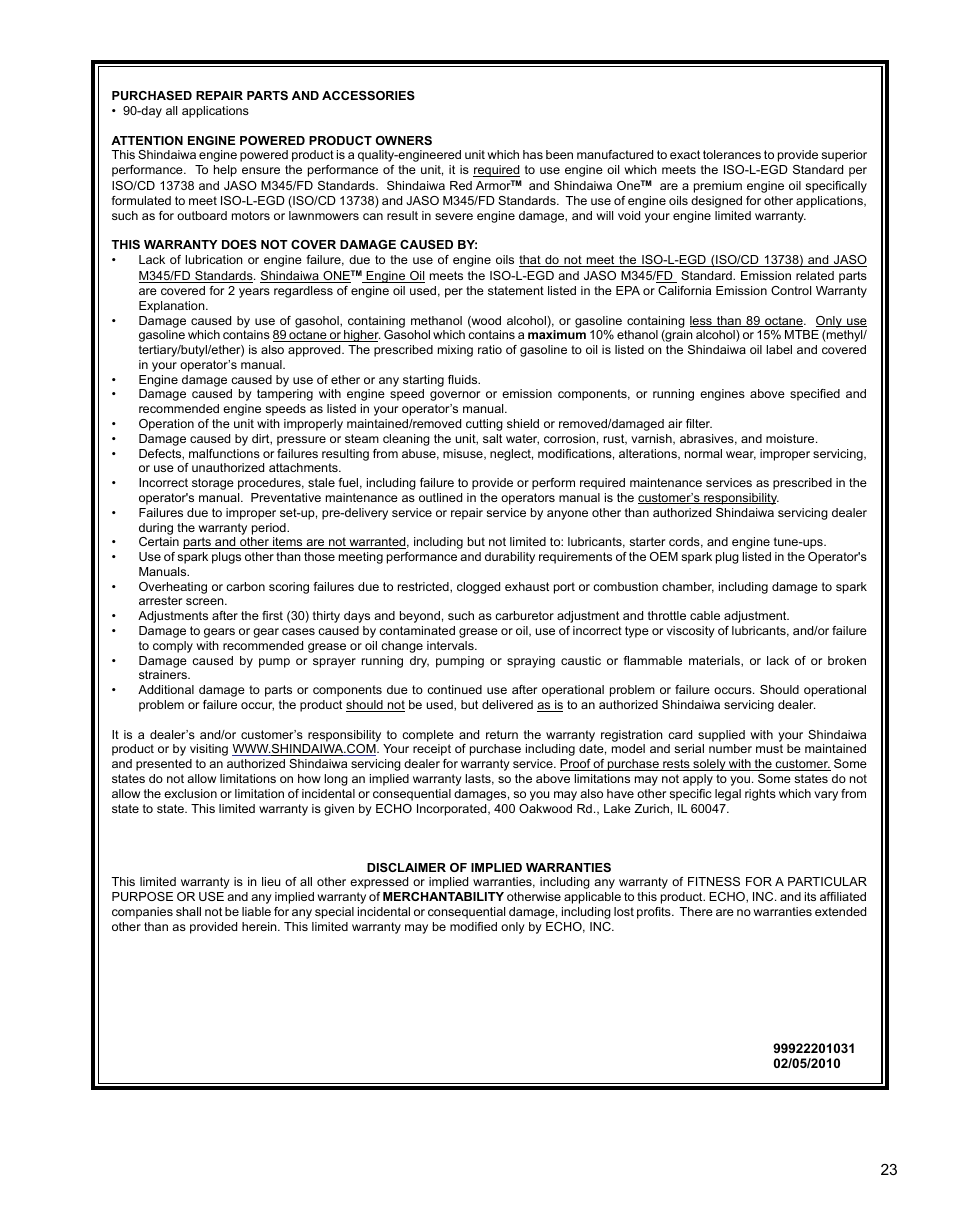 Warranty statements | Shindaiwa X7501920500 User Manual | Page 23 / 28