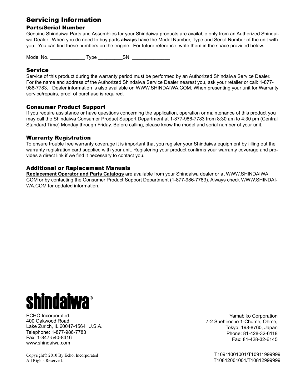 Servicing information | Shindaiwa X7501920500 User Manual | Page 28 / 28