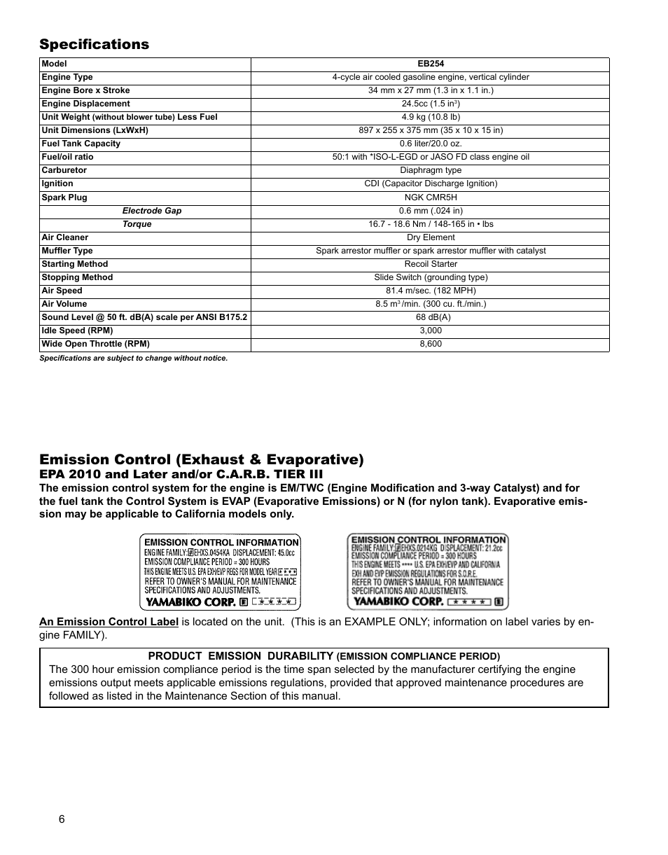 Emission control (exhaust & evaporative), Specifications, Epa 2010 and later and/or c.a.r.b. tier iii | Shindaiwa X7501920500 User Manual | Page 6 / 28