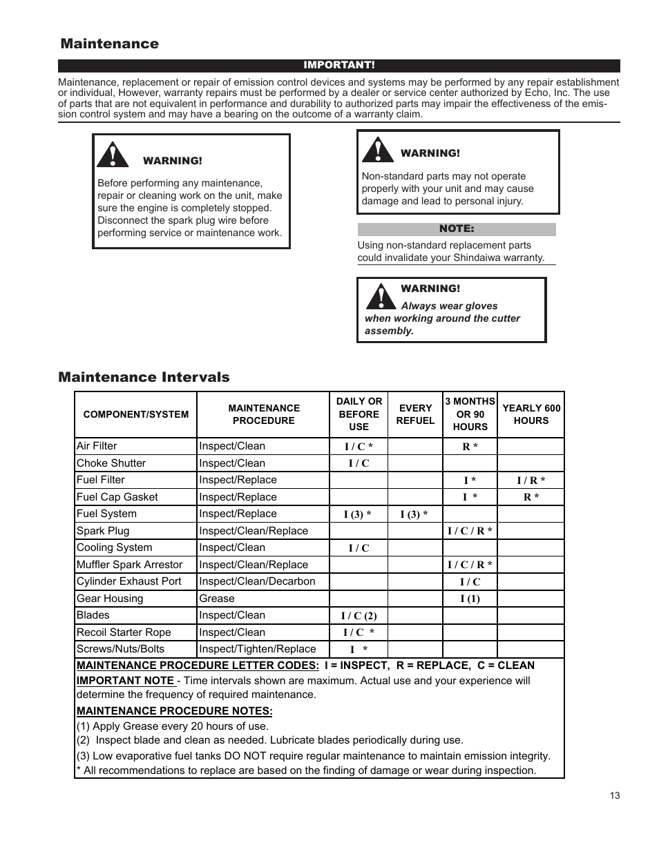 Starting cold engine, Maintenance intervals, Maintenance | Shindaiwa HT231 User Manual | Page 13 / 28