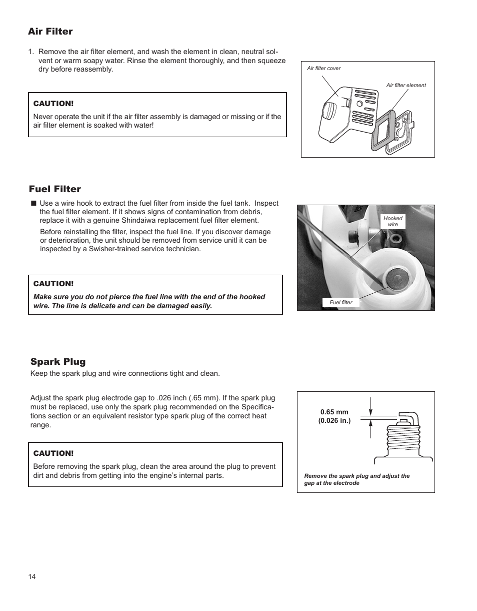 Starting warm engine, Stopping engine, Air filter fuel filter | Spark plug | Shindaiwa HT231 User Manual | Page 14 / 28