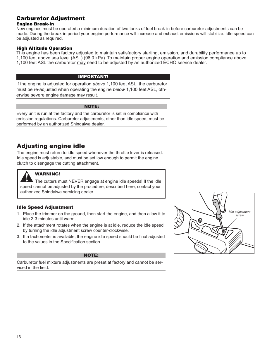 Adjusting engine idle, Carburetor adjustment | Shindaiwa HT231 User Manual | Page 16 / 28