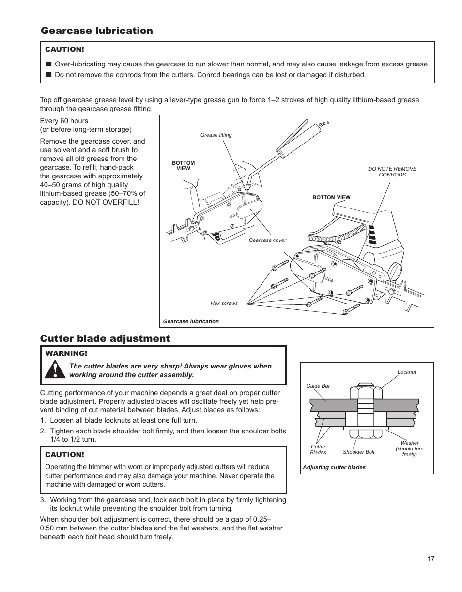 Air filter, Fuel filter, Gearcase lubrication | Cutter blade adjustment | Shindaiwa HT231 User Manual | Page 17 / 28