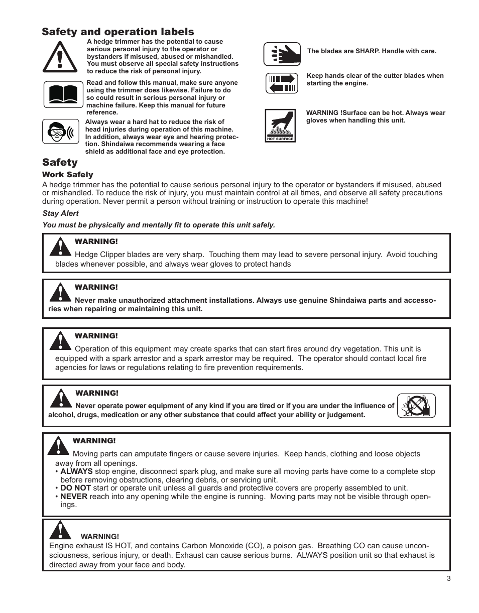 Safety, Safety and operation labels | Shindaiwa HT231 User Manual | Page 3 / 28