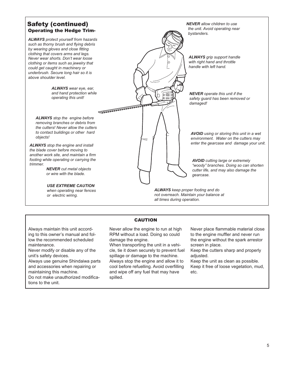 Safety (continued) | Shindaiwa HT231 User Manual | Page 5 / 28