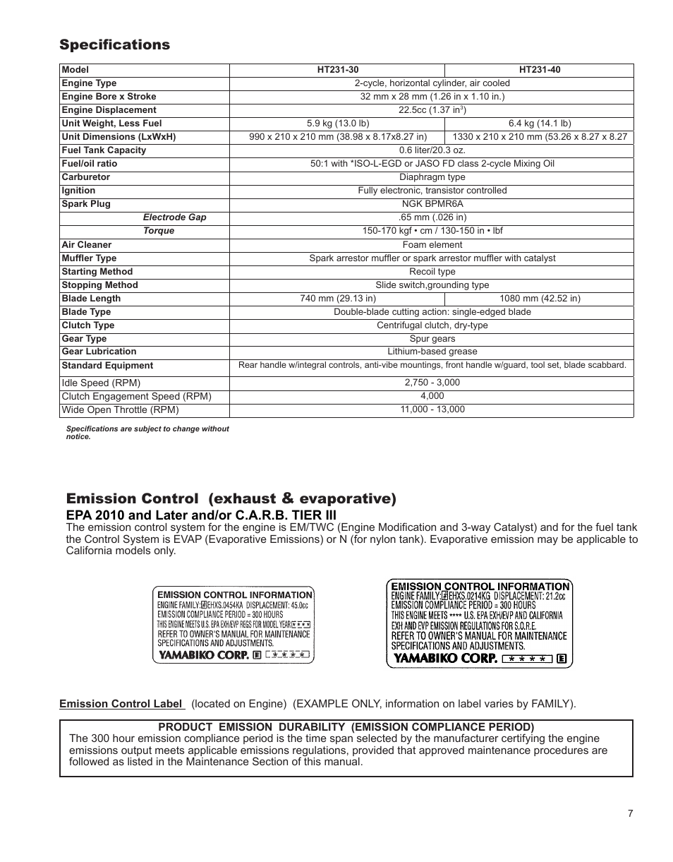 Emission control (exhaust, Evaporative), Specifications | Epa 2010 and later and/or c.a.r.b. tier iii | Shindaiwa HT231 User Manual | Page 7 / 28