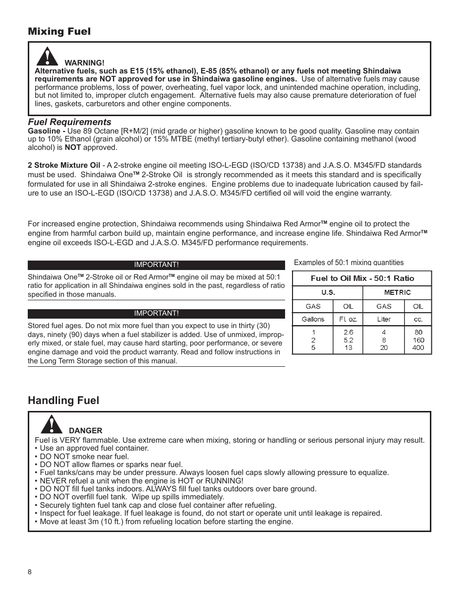 Description, Handling fuel, Mixing fuel | Shindaiwa HT231 User Manual | Page 8 / 28
