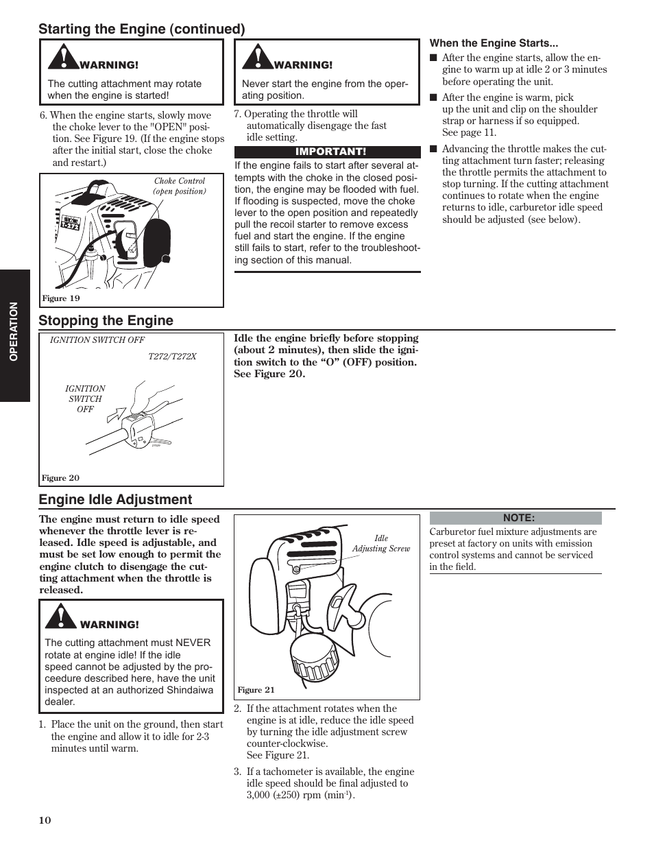 Starting the engine (continued), Stopping the engine, Engine idle adjustment | Shindaiwa 80974 User Manual | Page 10 / 40