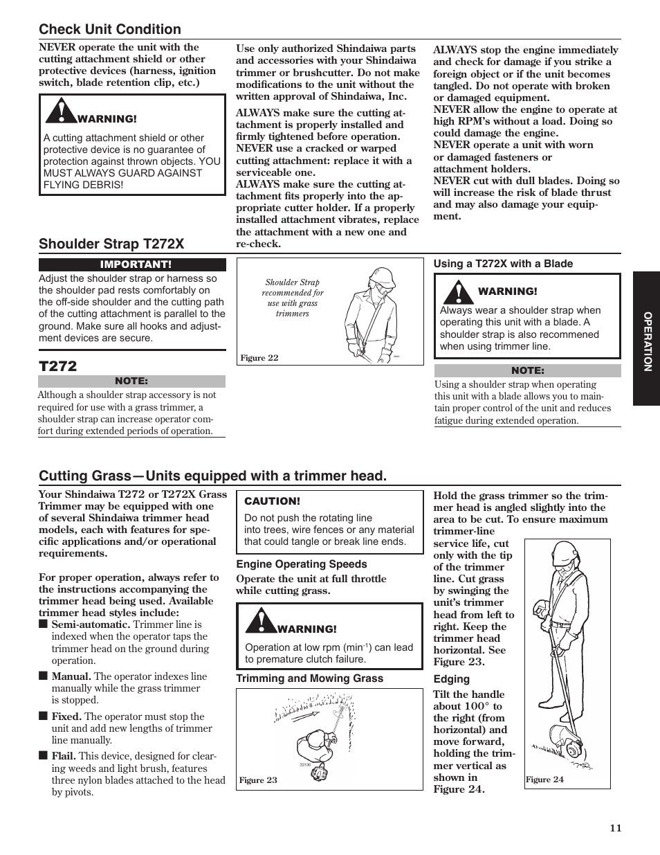 Check unit condition, Shoulder strap t272x, Cutting grass—units equipped with a trimmer head | T272 | Shindaiwa 80974 User Manual | Page 11 / 40