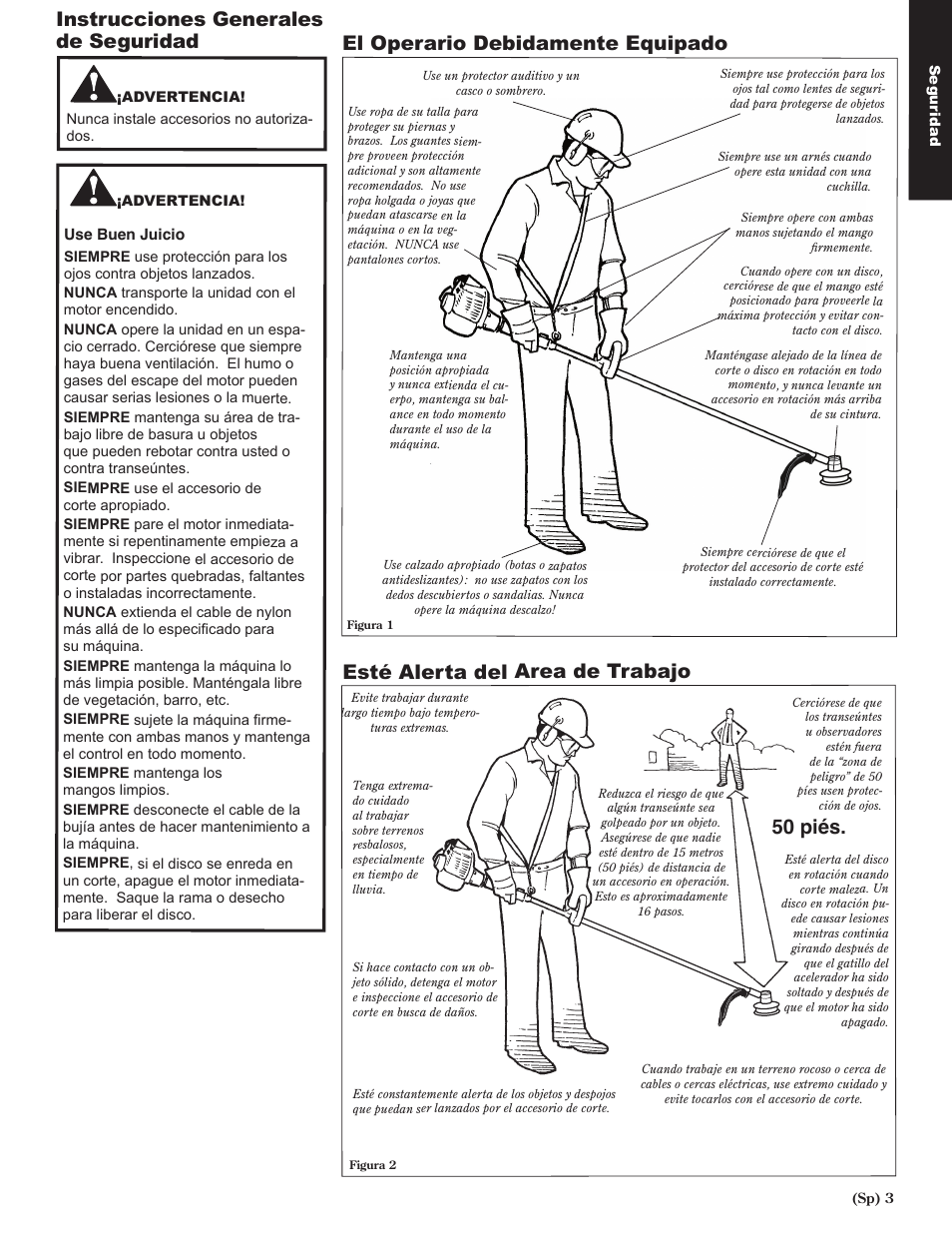 Instrucciones generales de seguridad, El operario debidamente equipado, Esté alerta del area de trabajo | 50 piés | Shindaiwa 80974 User Manual | Page 23 / 40