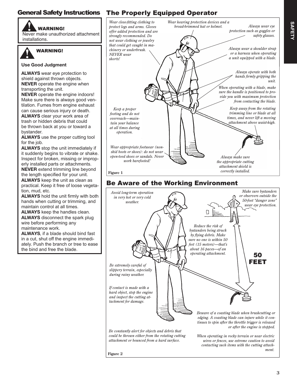 General safety instructions, The properly equipped operator, Be aware of the working environment | 50 feet | Shindaiwa 80974 User Manual | Page 3 / 40