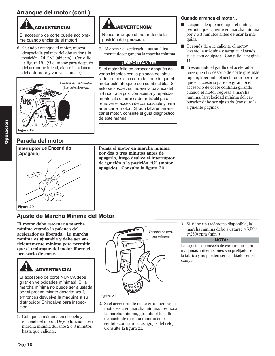 Arranque del motor (cont.), Parada del motor, Ajuste de marcha mínima del motor | Shindaiwa 80974 User Manual | Page 30 / 40