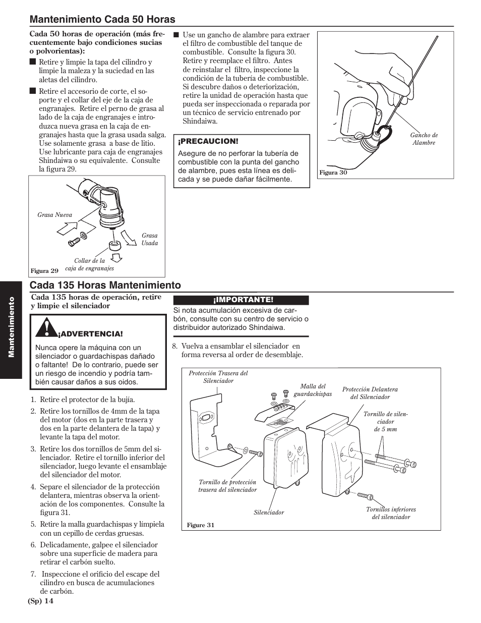 Mantenimiento cada 50 horas, Cada 135 horas mantenimiento | Shindaiwa 80974 User Manual | Page 34 / 40