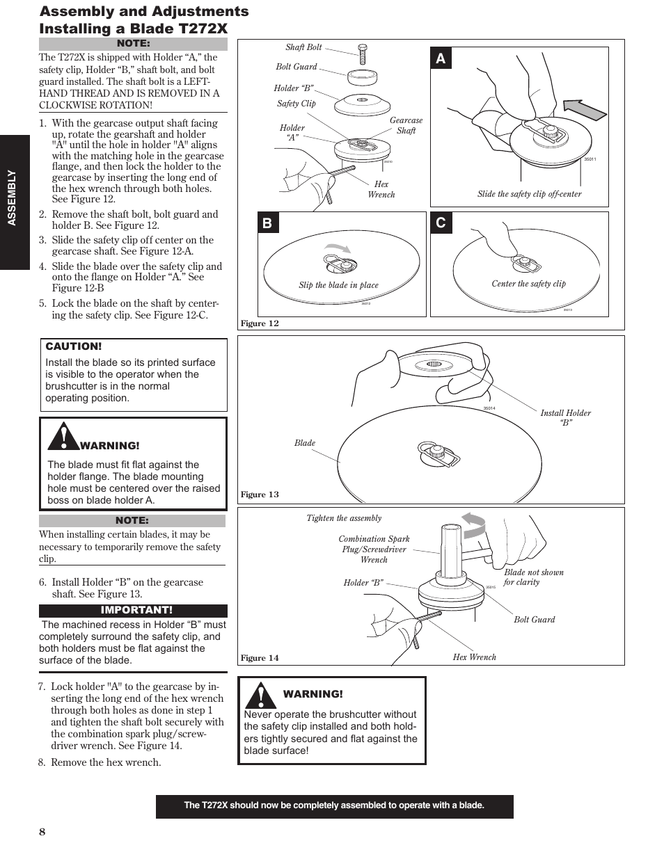 Installing a blade t272x assembly and adjustments, Ab c | Shindaiwa 80974 User Manual | Page 8 / 40