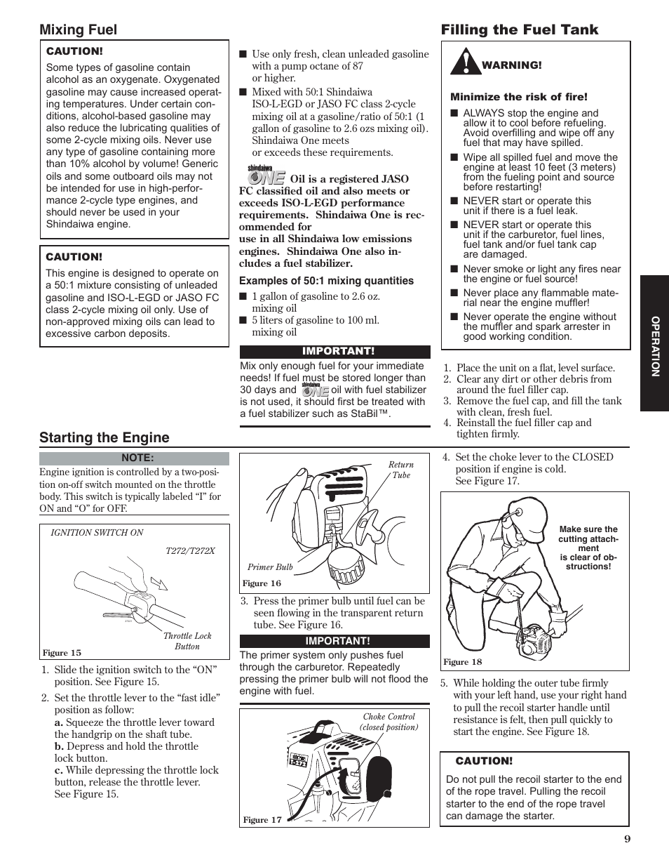 Mixing fuel, Starting the engine, Filling the fuel tank | Shindaiwa 80974 User Manual | Page 9 / 40