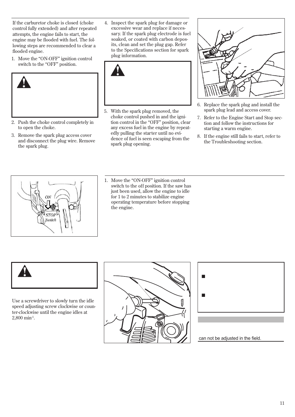 Adjusting engine idle, Stopping the engine, Starting a flooded engine | Shindaiwa 502s User Manual | Page 11 / 66