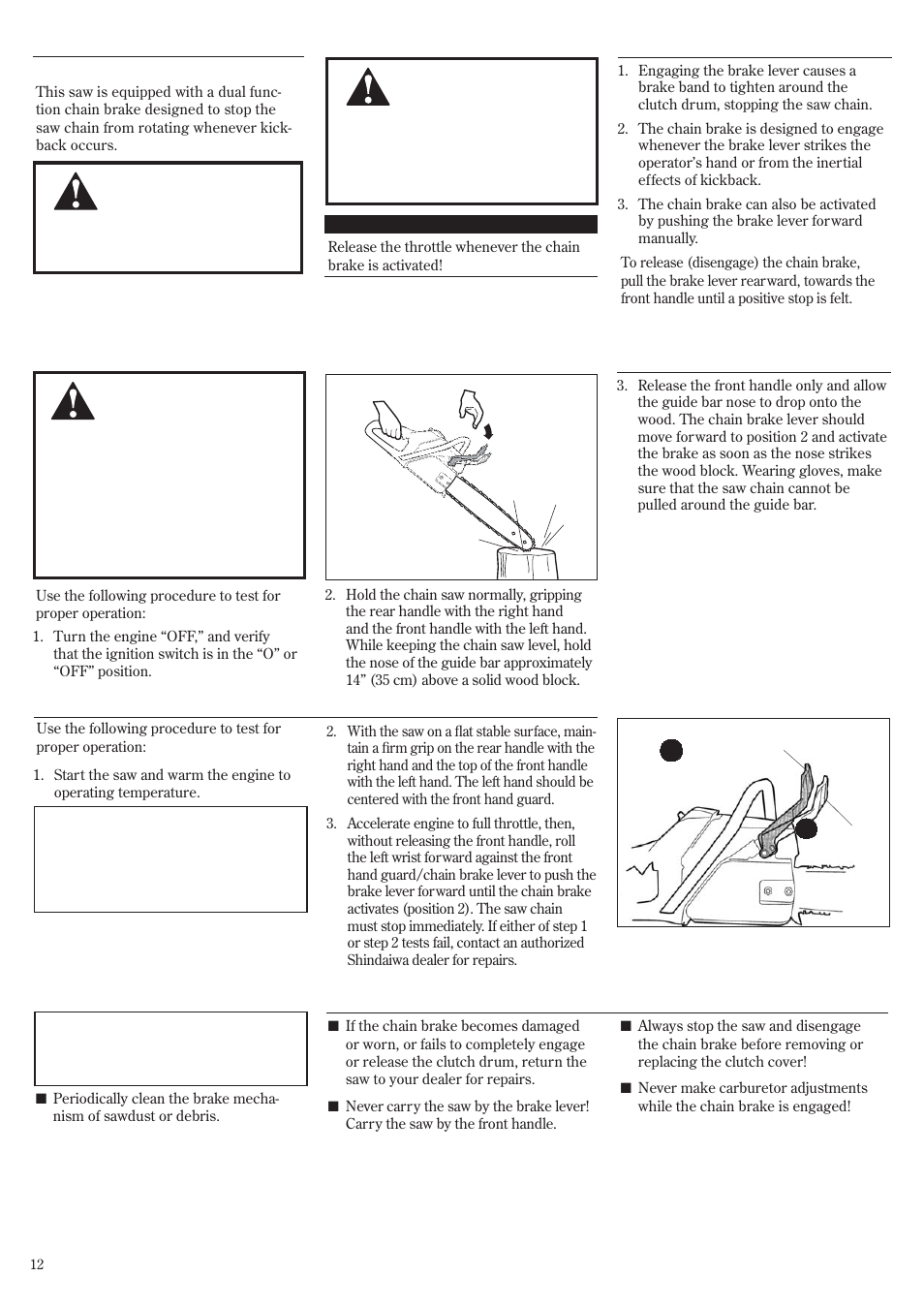 Chain brake, Chain brake testing, Chain brake maintenance | Shindaiwa 502s User Manual | Page 12 / 66