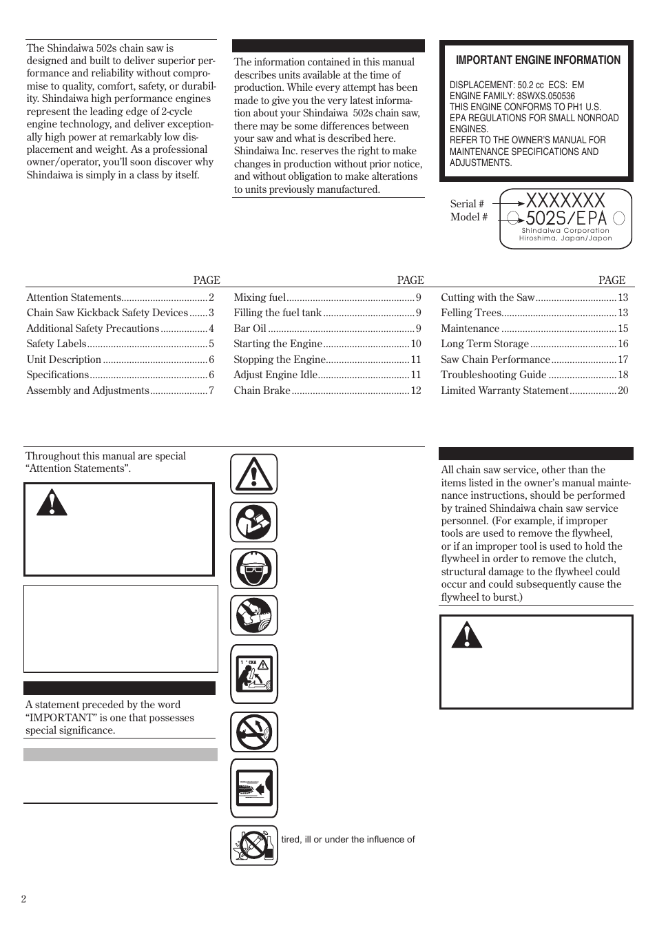 Shindaiwa 502s User Manual | Page 2 / 66