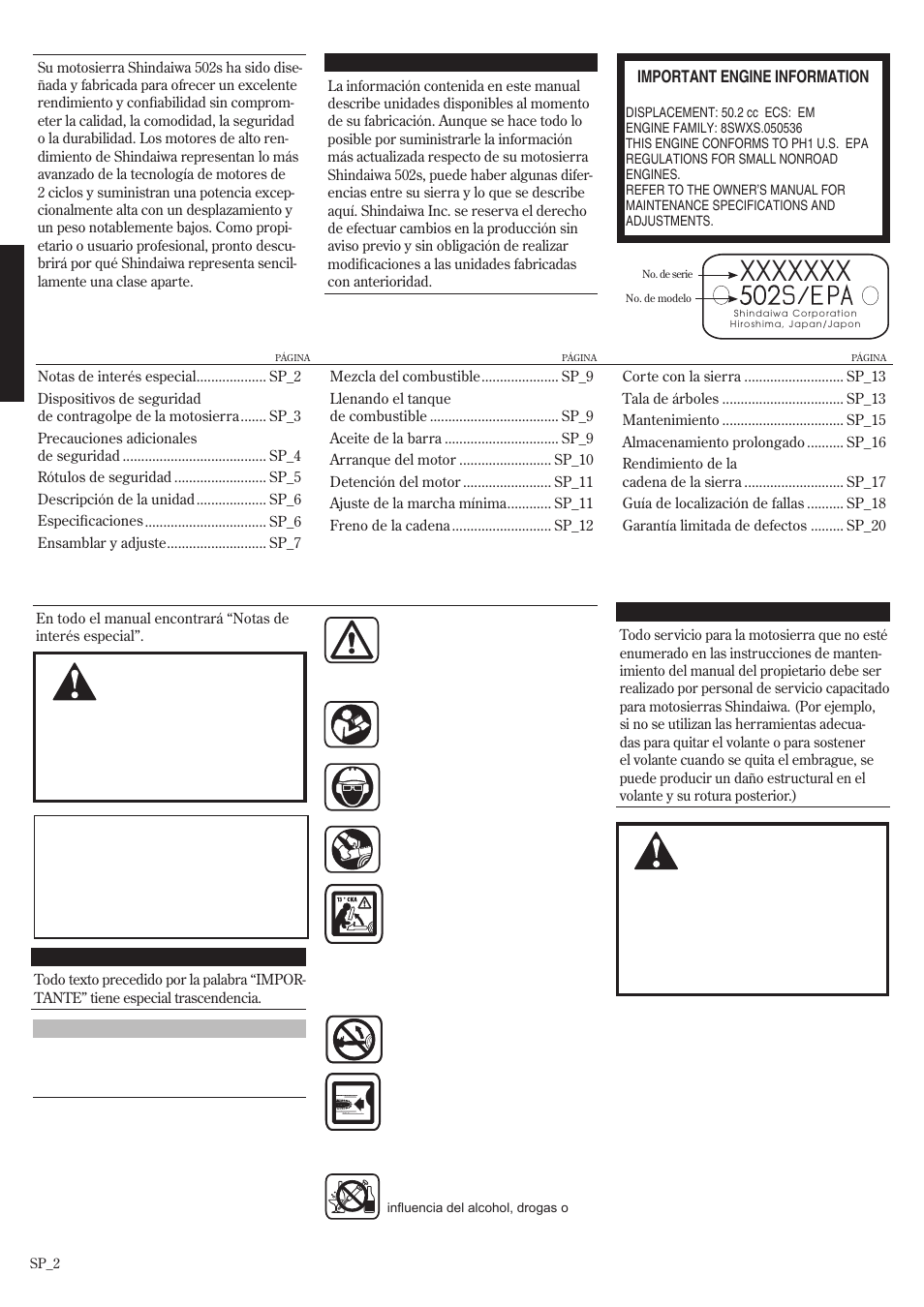 Índice, Introducción, Notas de interés especial | Shindaiwa 502s User Manual | Page 24 / 66