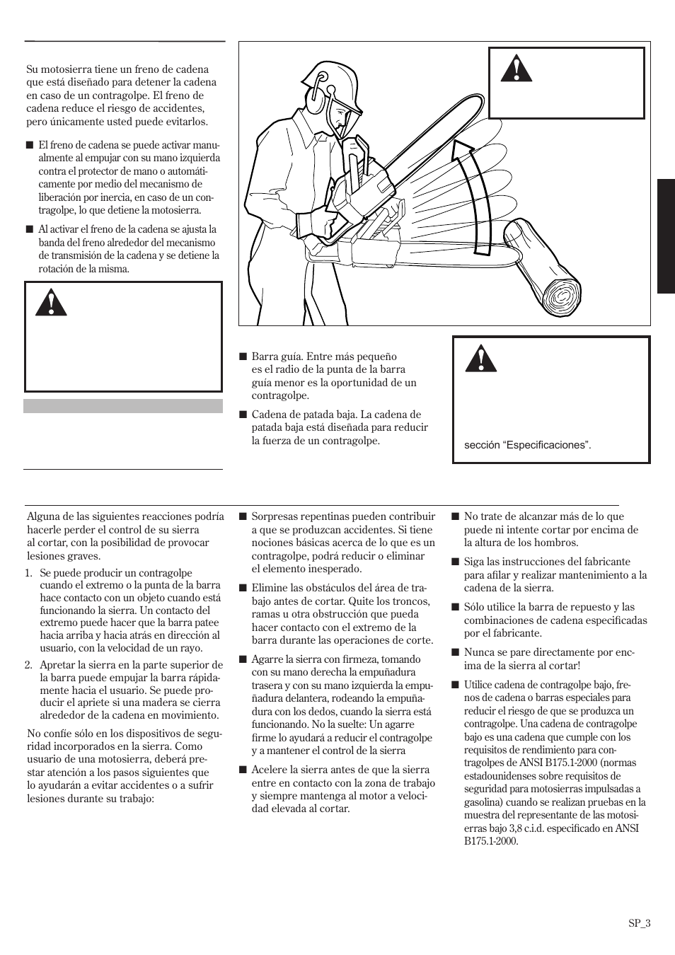 Precauciones de seguridad contra los contragolpes | Shindaiwa 502s User Manual | Page 25 / 66