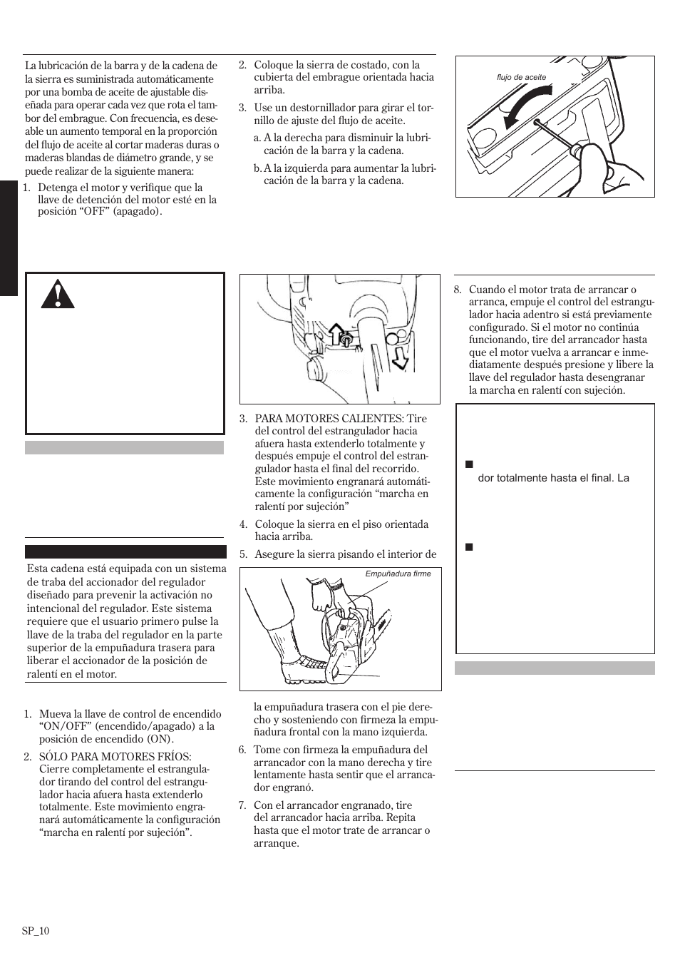 Aceite de la barra (continuación), Arranque del motor | Shindaiwa 502s User Manual | Page 32 / 66