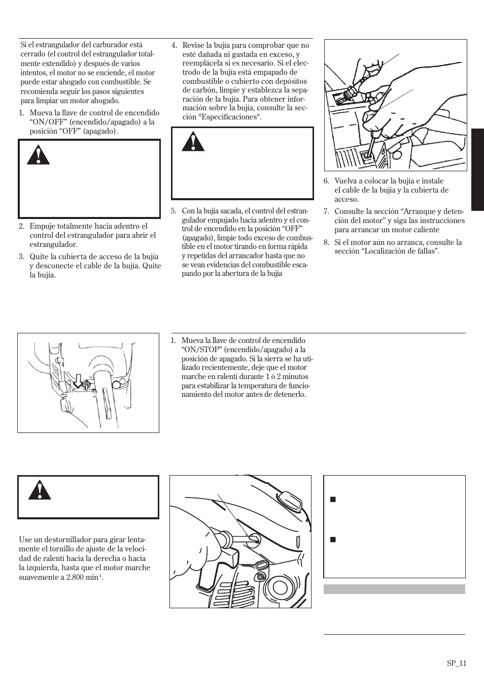 Ajuste de la marcha mínima, Detención del motor, Arranque del motor (continuación) | Shindaiwa 502s User Manual | Page 33 / 66