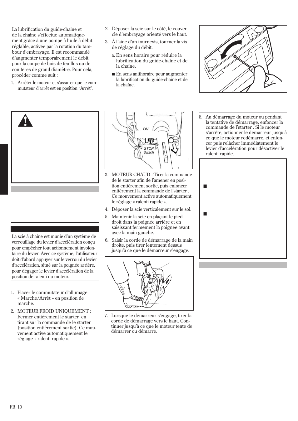 Huileur du guide (suite), Démarrage du moteur | Shindaiwa 502s User Manual | Page 54 / 66