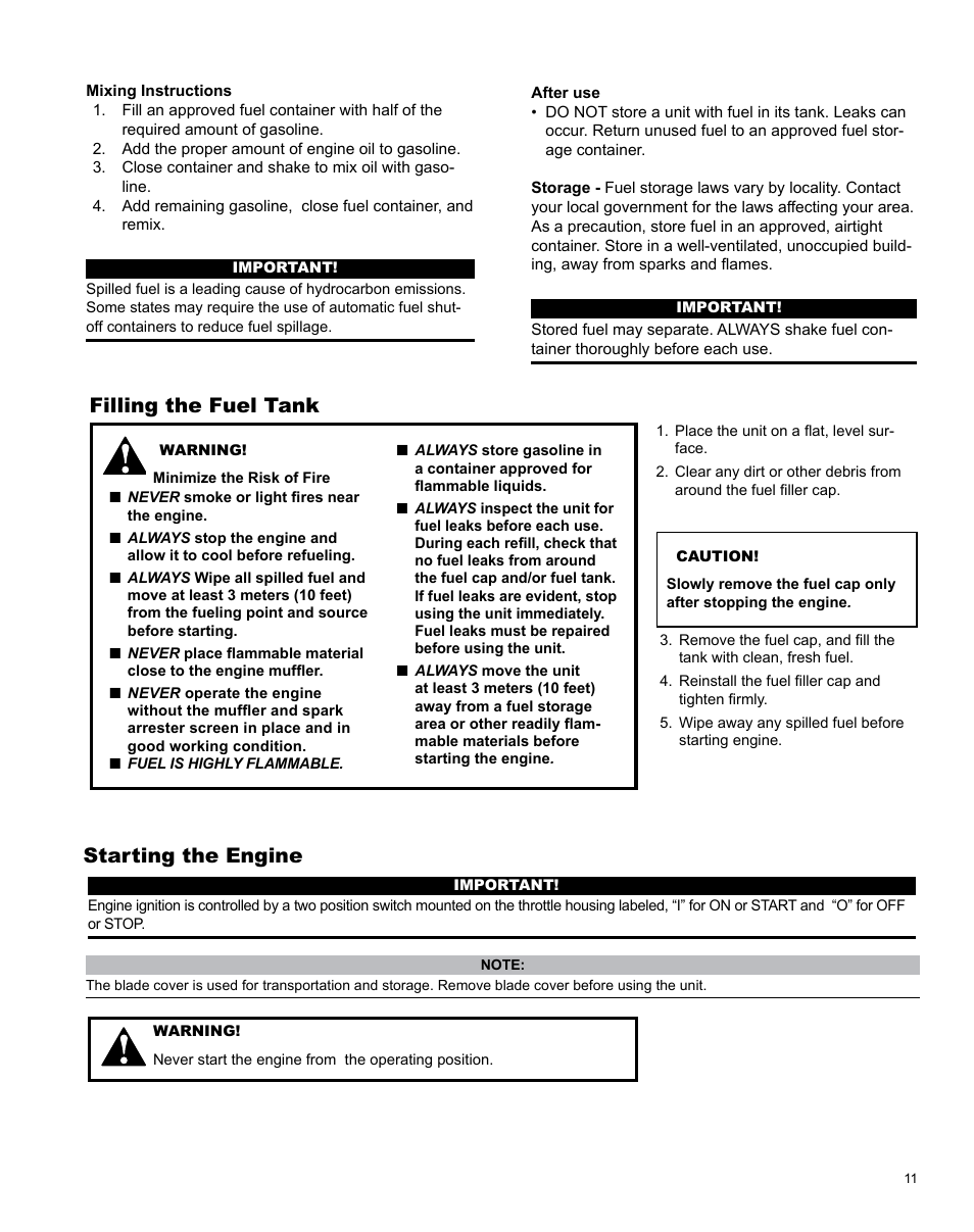 Filling the fuel tank, Starting the engine | Shindaiwa AHS242ef User Manual | Page 11 / 28