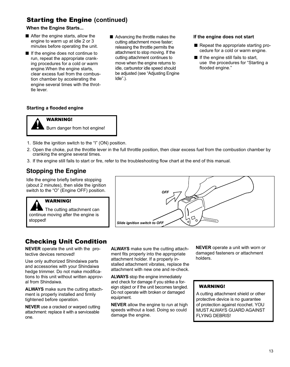 Starting the engine (continued), Stopping the engine, Checking unit condition | Shindaiwa AHS242ef User Manual | Page 13 / 28