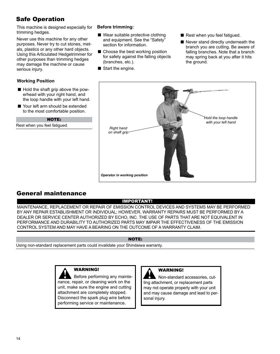 Safe operation, General maintenance | Shindaiwa AHS242ef User Manual | Page 14 / 28