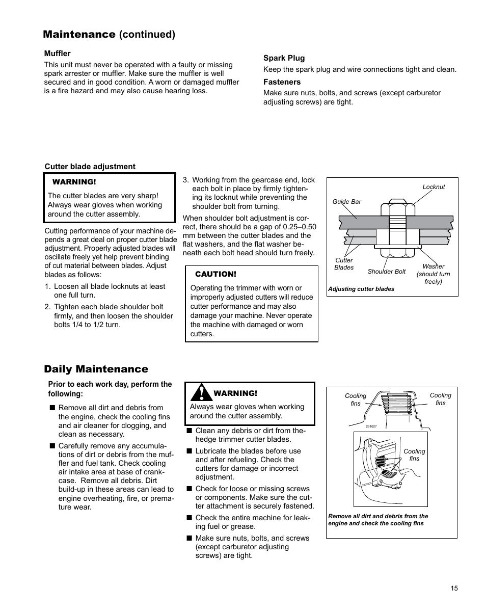 Daily maintenance, Maintenance (continued) | Shindaiwa AHS242ef User Manual | Page 15 / 28