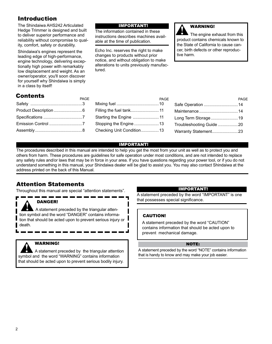 Shindaiwa AHS242ef User Manual | Page 2 / 28