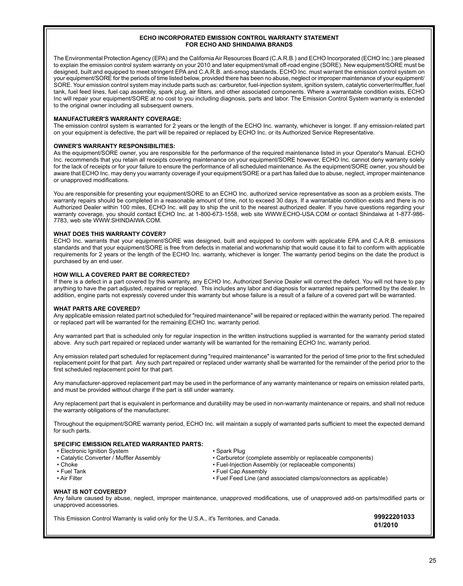 Déclaration de garantie limi- tée | Shindaiwa AHS242ef User Manual | Page 25 / 28