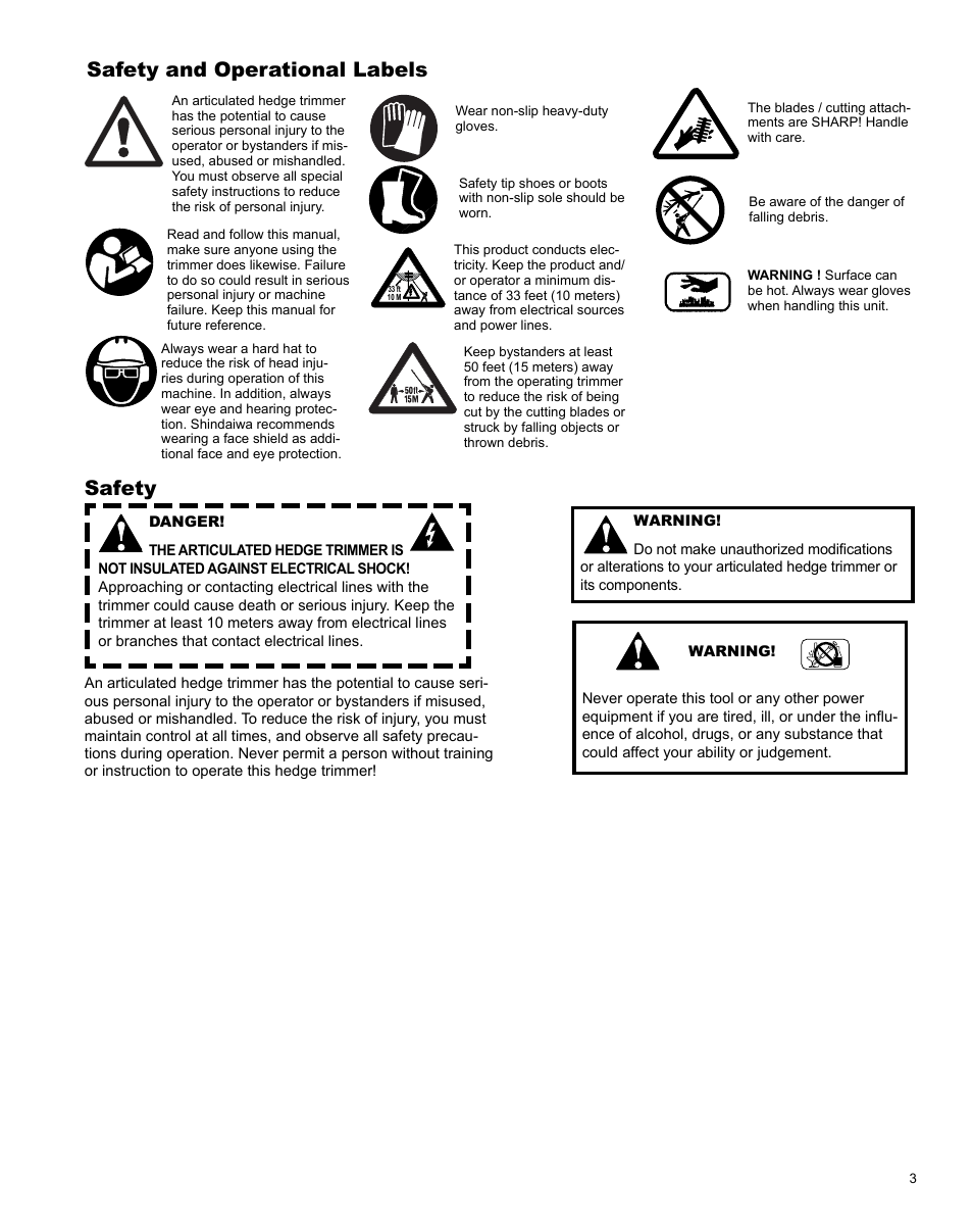 Safety and operational labels, Safety | Shindaiwa AHS242ef User Manual | Page 3 / 28