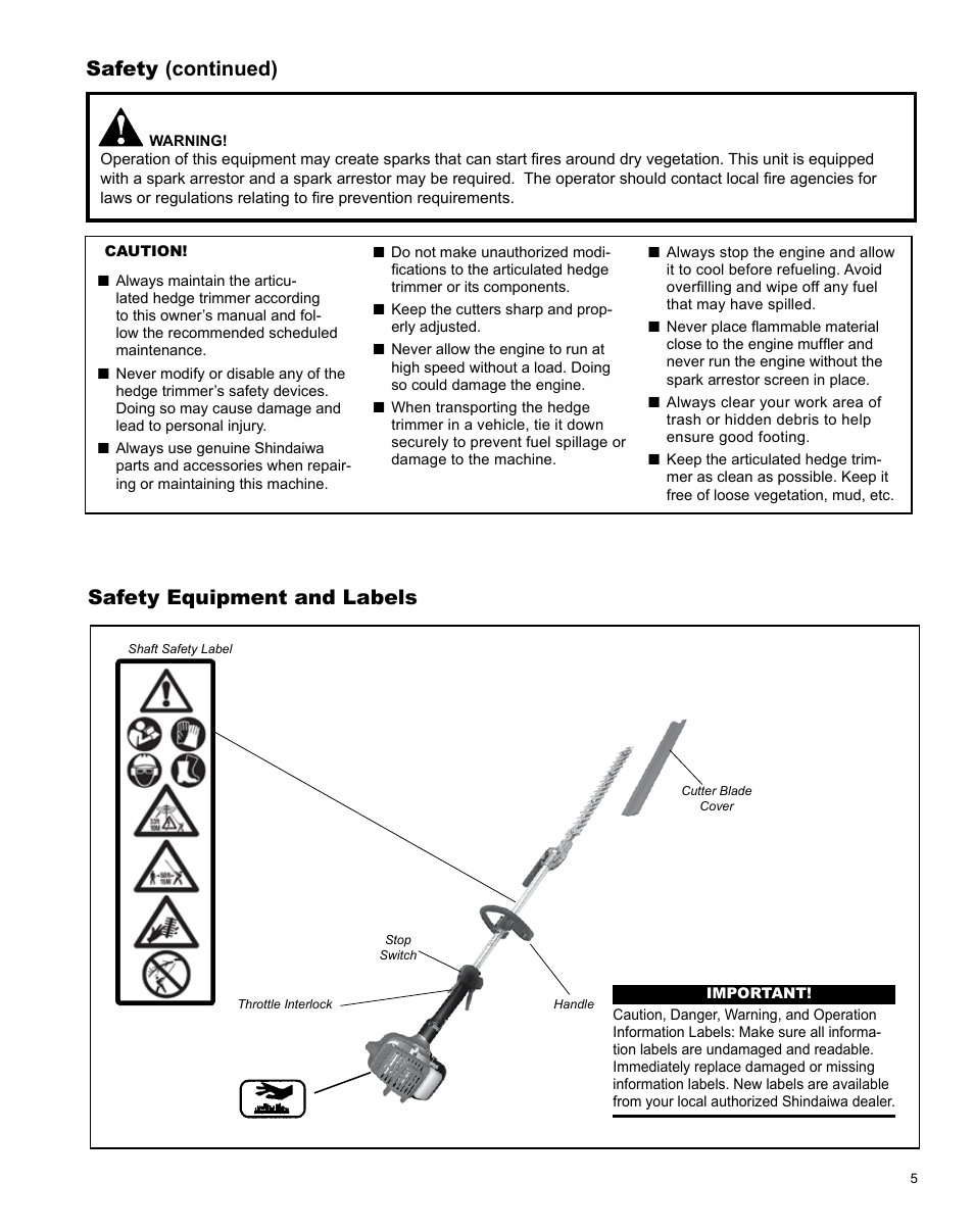 Safety equipment and labels, Safety (continued) | Shindaiwa AHS242ef User Manual | Page 5 / 28