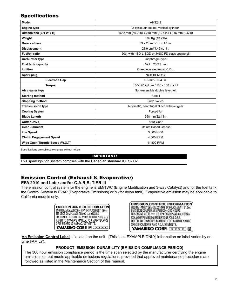 Specifications, Emission control (exhaust & evaporative), Epa 2010 and later and/or c.a.r.b. tier iii | Shindaiwa AHS242ef User Manual | Page 7 / 28