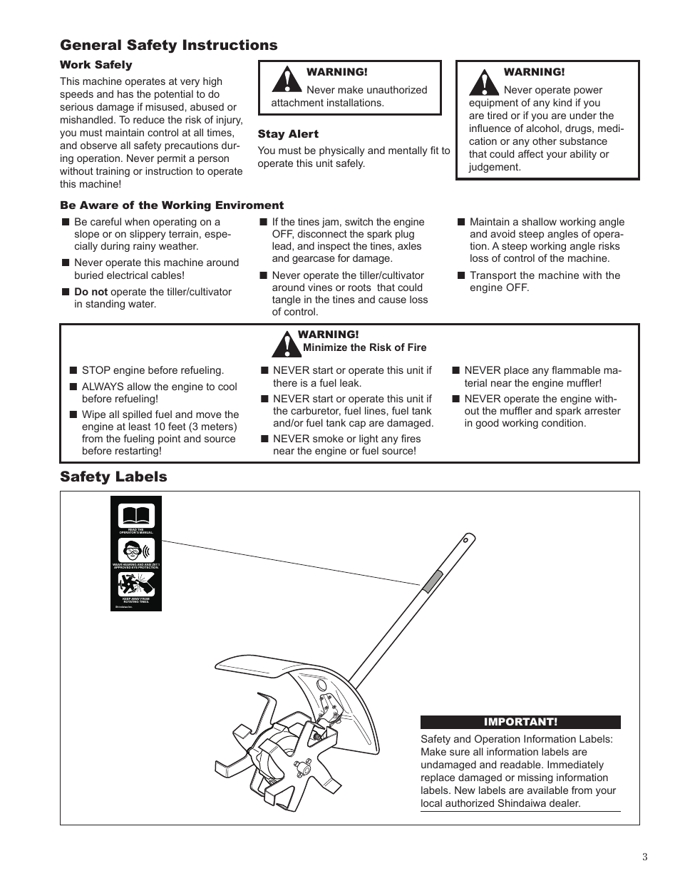 General safety, Safety labels, General safety instructions | Shindaiwa 80274 User Manual | Page 3 / 16