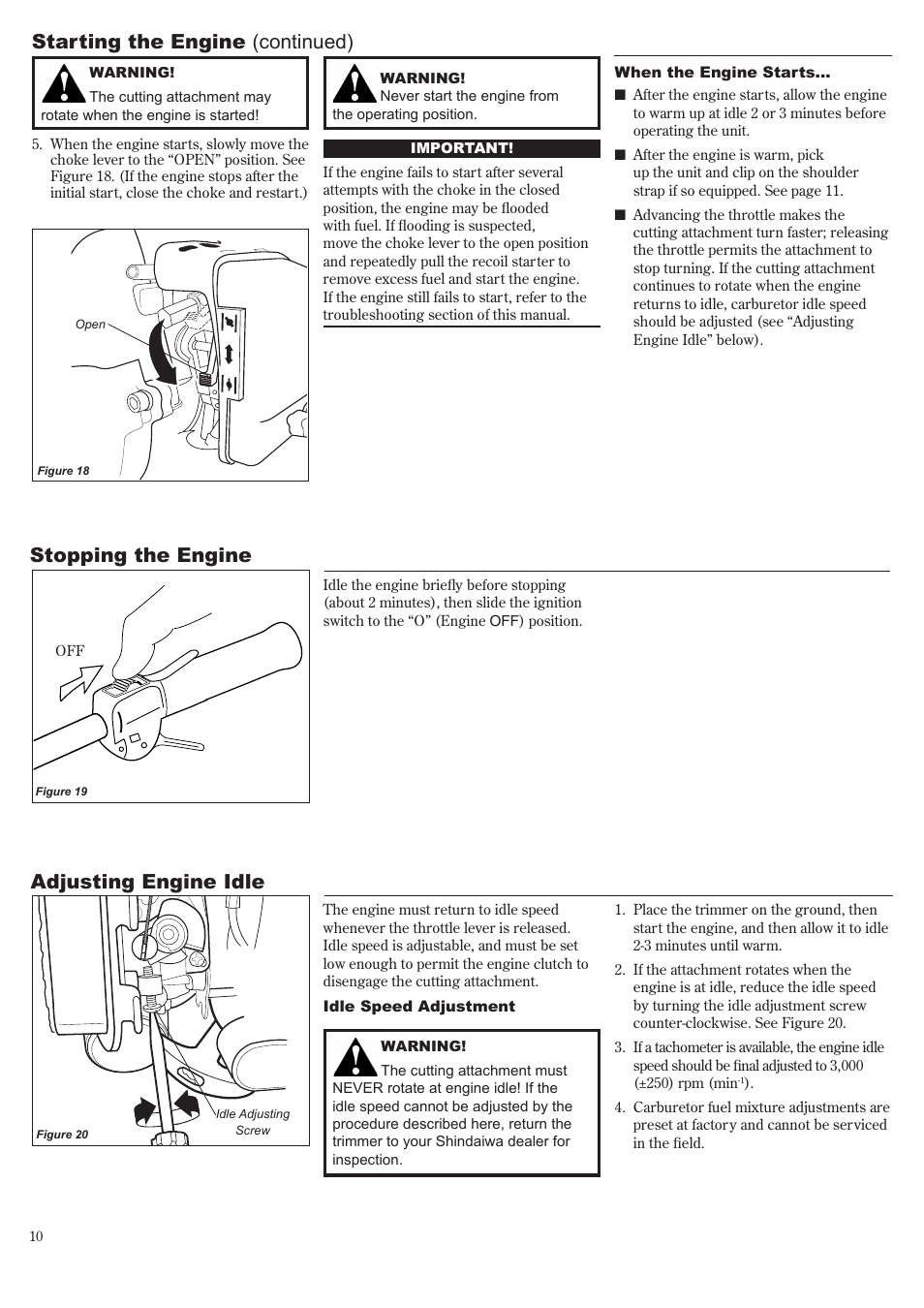 Starting the engine (continued), Stopping the engine adjusting engine idle | Shindaiwa 81643 User Manual | Page 10 / 60