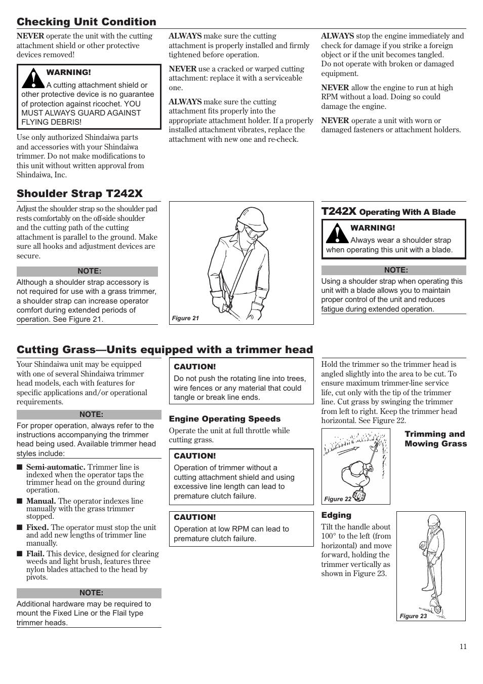 Cutting grass—units equipped with a trimmer head, Checking unit condition shoulder strap t242x, T242x | Shindaiwa 81643 User Manual | Page 11 / 60